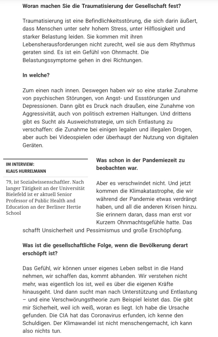 Muenchen1968's tweet photo. Das Interview finde ich sehr lesens- & nachdenkenswert - offenbar stimme ich hier sogar mit einigen #Dunkeltwitter|ern überein, was mich überrascht.
Denn eigentlich hält #Hurrelmann der klimawandel- & coronaverharmlosenden Wutbubble in therapeutischer Absicht den Spiegel vor.
2/ https://t.co/6qKUAkPrCu