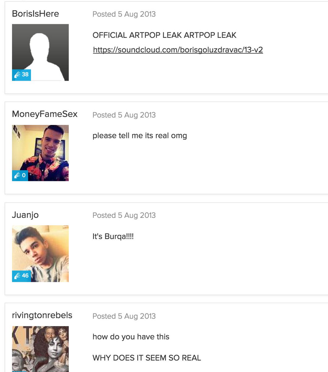 gagadaily's tweet photo. 10 years ago this week, Lady Gaga made a fake account on the Gaga Daily forums pretending to be a man from Uzbekistan named Boris and leaked her song “Aura” from ARTPOP (and got banned) 😭 https://t.co/uRUYcQyWi7