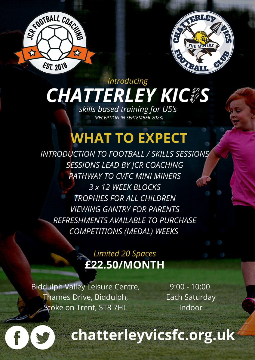 chatterleyvics's tweet photo. 𝗖𝗛𝗔𝗧𝗧𝗘𝗥𝗟𝗘𝗬 𝗞𝗜𝗖𝗞𝗦 ⚽️

We are delighted to launch our new U5s (reception in September) Chatterley Kicks sessions starting 9th September, Indoor at Biddulph Leisure Centre from 9am to 10am in conjunction with the amazing JCR Football Coaching! https://t.co/GlyLKuD8Ac