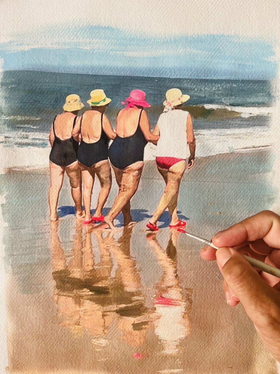 Me las encontré paseando. Agarradas del brazo las 4. Fantaseé con la idea de que se conocían desde niñas. O quizás era más bonito que se acabaran de conocer en la playa. Estaban alegres y ágiles. Enternecieron hasta los peces. (Acuarela sobre papel, 43 x 30 cms)