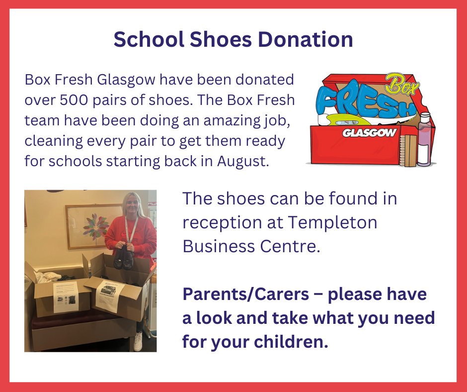 NHSGGC Specialist Children's Services (@nhsggcscs) on Twitter photo #EastCAMHS have teamed up with <a href="/BoxfreshGlasgow/">Box Fresh Glasgow</a> to give back to families. Big thanks to #BoxFreshGlasgow who have donated boxes of school shoes. Shoes will be located at reception of Templeton Business Centre for families to have a look and help themselves.
#alwaysgivingback #EastCAMHS have teamed up with <a href="/BoxfreshGlasgow/">Box Fresh Glasgow</a> to give back to families. Big thanks to #BoxFreshGlasgow who have donated boxes of school shoes. Shoes will be located at reception of Templeton Business Centre for families to have a look and help themselves.
#alwaysgivingback