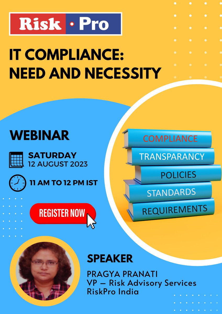 Webinar on IT Compliance - Need and Necessity
Saturday, 12 August 2023
11 AM to 12 PM
Registration URL
lnkd.in/dGHFMDPq
SPEAKER
CA Pragya Pranati
Vice President – Risk Advisory Services
RiskPro India

#webinar #riskpro #india #compliance #itcompliance