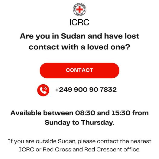 TheRealOlaDiab's tweet photo. If you are in #Sudan and have lost contact with a family member, contact the International Committee of the Red Cross (ICRC) Sudan.

To learn more, visit https://t.co/IrL1D7MK8A https://t.co/YOvQP0hOr7