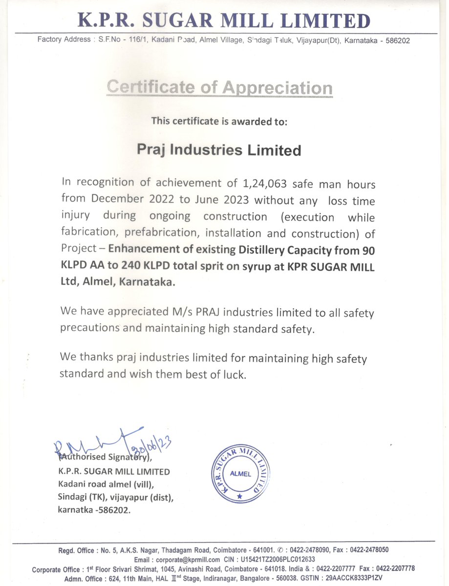 PrajIndustries's tweet image. Praj received special recognition for completing 1,23,063 SAFE MAN HOURS without any LTA from our esteemed customer KPR Sugar Mills, Almel, Karnataka.
(1/2)

#FuelTheChange #safetyfirst #safemanhours #safetyrecognition #safetyculture #safeworkplace #workplacesafety #hse
