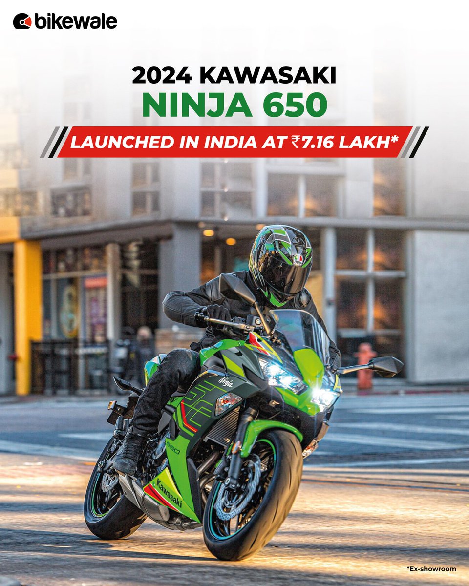 BikeWale's tweet photo. #KawasakiIndia has announced the launch of 2024 #Ninja650 in our market at an #exshowroom price tag of Rs. 7.16 lakh. In comparison, 2023 model was sold at Rs. 7.12 lakh.
What do you think about the #KawasakiNinja650?
Comment below.
Read more: https://t.co/Ri9Y7BbSju
#BWLaunch https://t.co/tgbrOOFzpT
