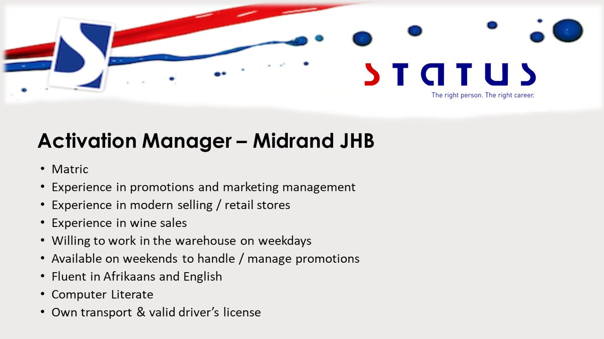 Activation Manager with experience in promotions and marketing management   placementpartner.co.za/wi/vacancy/?id…  #statusstaffing #activationmanager #sales #retail #marketing