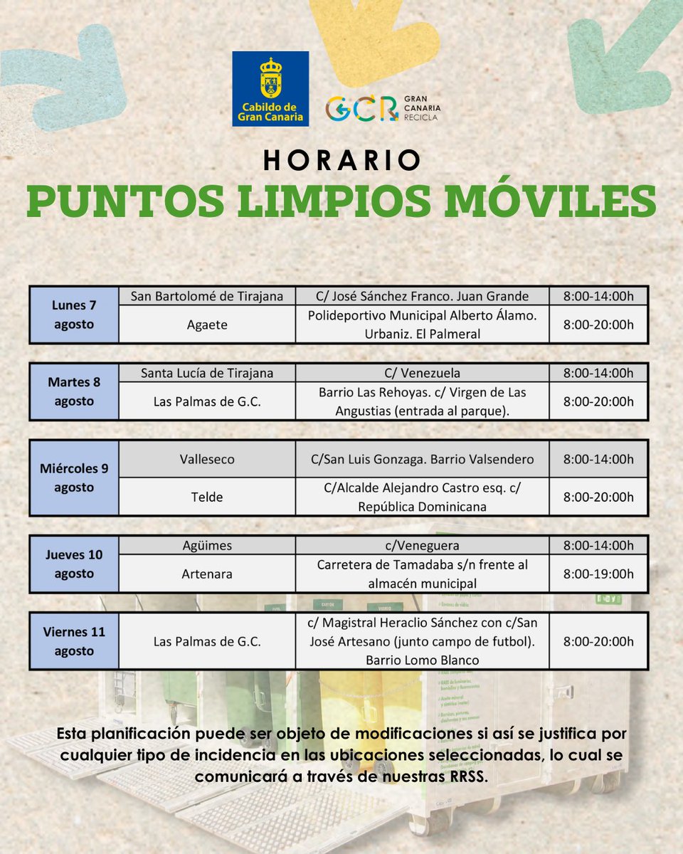 LimpiezaLPGC's tweet photo. ♻️ #PuntosLimpiosMóviles 👇🏼
del Cabildo @GC_Recicla. Localizaciones y horarios para esta semana (7 al 11 de agosto).
⚠ ATENCIÓN⚠👇🏼
♻️ #PuntosLimpios fijos)
#PuntoLimpio de #ElSebadal cerrado esta semana (7-14 de agosto) por obras de mejora y acondicionamiento. https://t.co/tiK2WFioxc