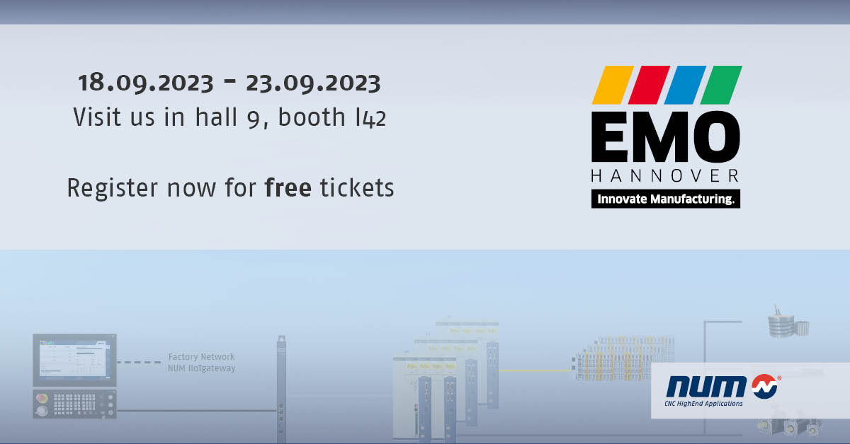 NUM_CNC's tweet photo. We will show our CNC solutions and our inspiring 360° all-round support 🌐 at this year's EMO in Hannover. Register now and get your free ticket:
https://t.co/LK7uefkk8Q
Come and visit us. We will be waiting for you in hall 9 at booth I42!
#num_cnc #emo2023 #num_news #tradeshow https://t.co/kJgqcJrWEy