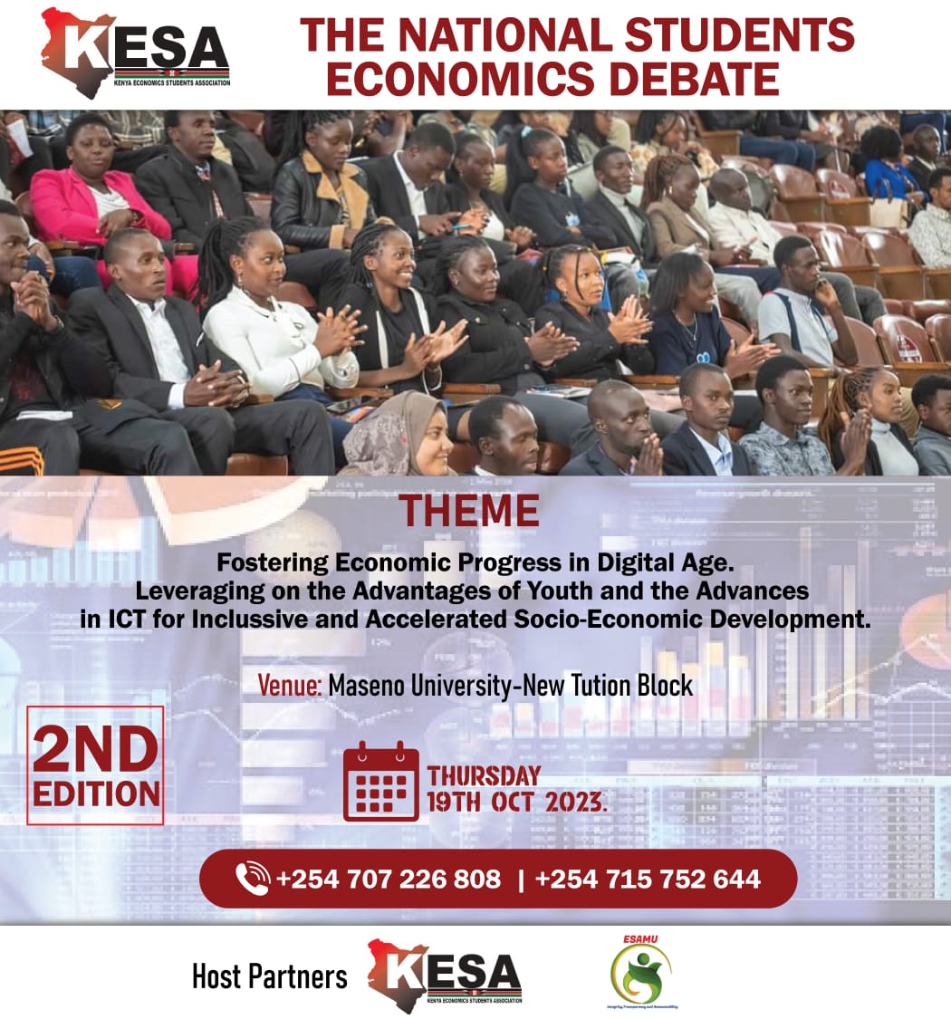 KESA is proud to announce that on  Thursday, 19th October 2023, at MASENO,Kisumu, the Economics Fraternity will be coming together to debate as highlighted.

chiem chuth mbele pek!! ~See you there!!
#WaruakiDala
#KaribuMaseno
#WelcometotheEquator 

<a href="/kesa_kenya/">Economics Students Association of Kenya</a>
