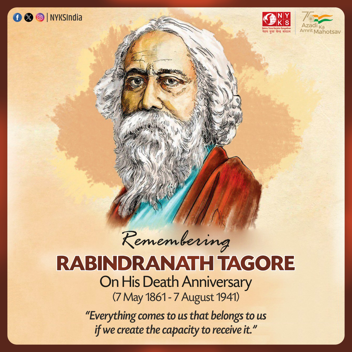 Remembering the Great Bard, Rabindranath Tagore, on his death anniversary. His timeless poetry and profound thoughts continue to inspire generations. Let his words resonate in our hearts forever. 🌸🕊️
 #RabindranathTagore #Tribute #LegacyOfInspiration #youth #India