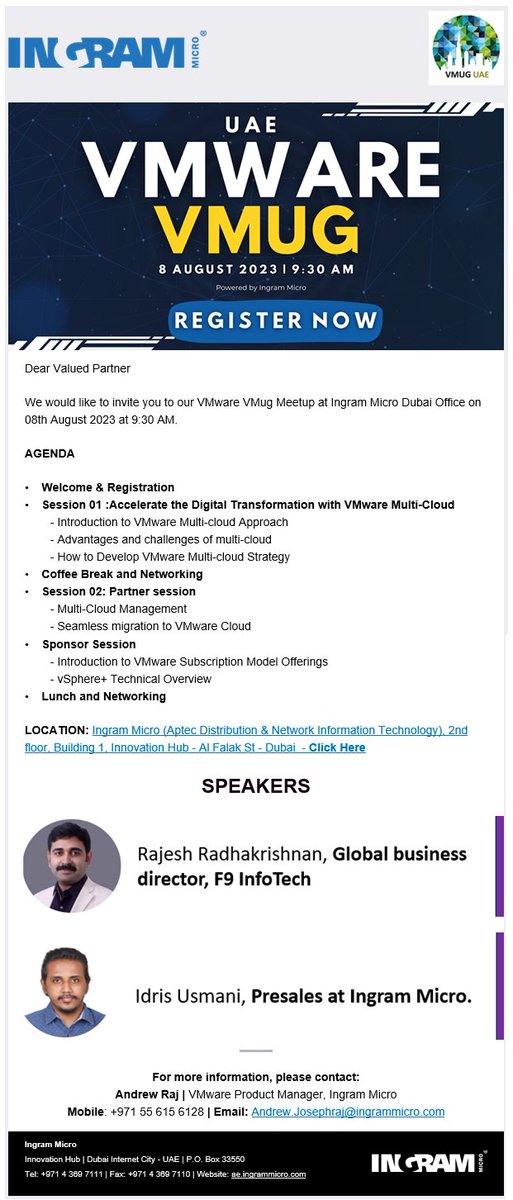 Last chance to register, Register and attend our upcoming UAE VMUG Event on 8th August 2023 at 9:00 AM Dubai time on “Accelerate the Digital Transformation with VMware Multi-Cloud” by Rajesh Radhakrishnan and Idris Usmani Registration: lnkd.in/dGi34fYS