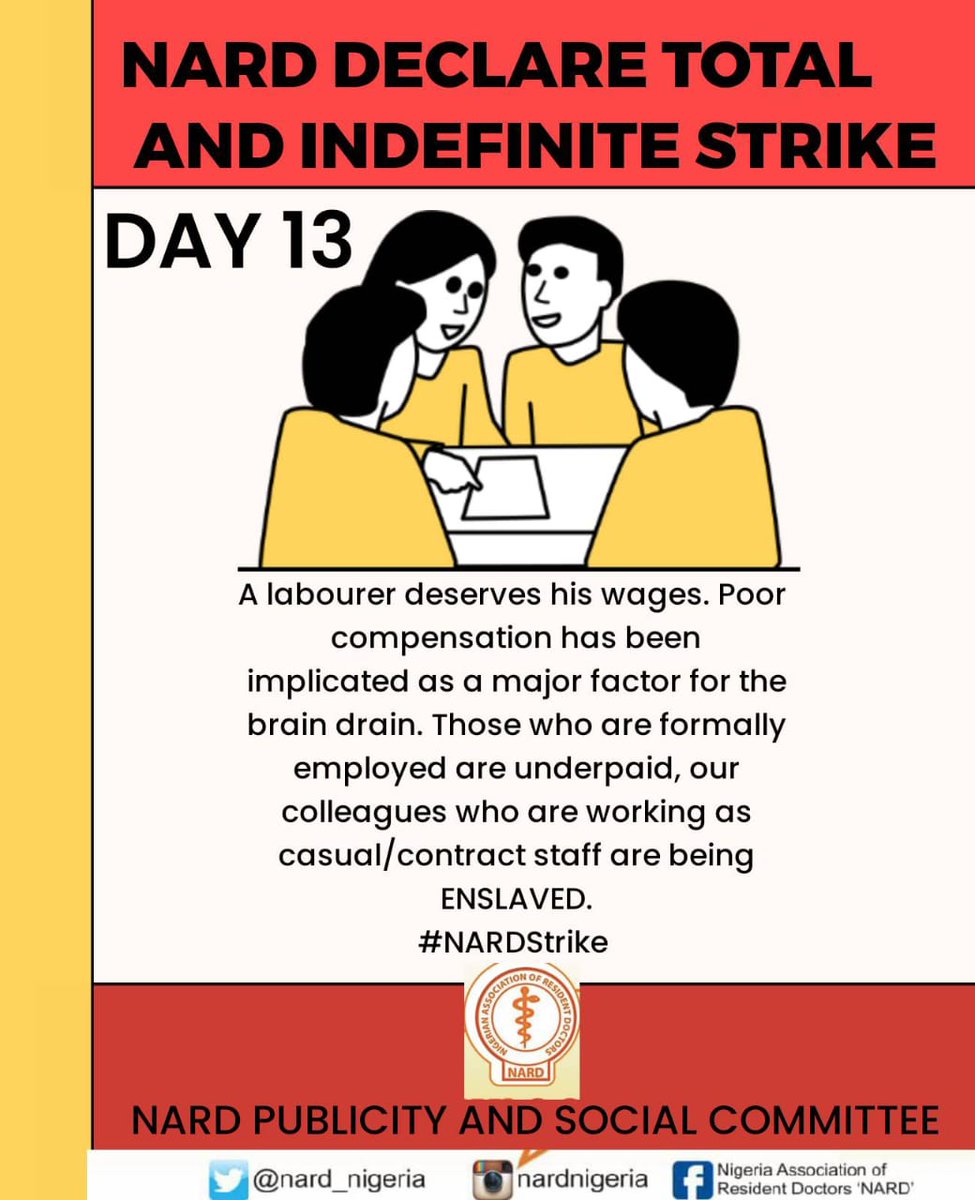 Resident Doctors are giving their most productive years to the service of humanity, sometimes being exposed to life-threatening hazards. Yet, the FG continues to frustrate their training and livelihood systematically through underpayment and refusal to pay MRTF.
#NARDStrike