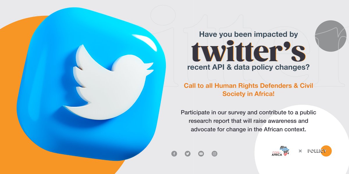 PollicyOrg's tweet photo. 📣Have the recent T̶w̶i̶t̶t̶e̶r̶(X) changes impacted your work?

We (in partnership with @Code4Africa) are conducting research to identify African organisations affected by the changes in the access to Twitter's APIs.

✍️ Share your thoughts here👉https://t.co/yV73pHyUIi https://t.co/Xh1zLjd8ds