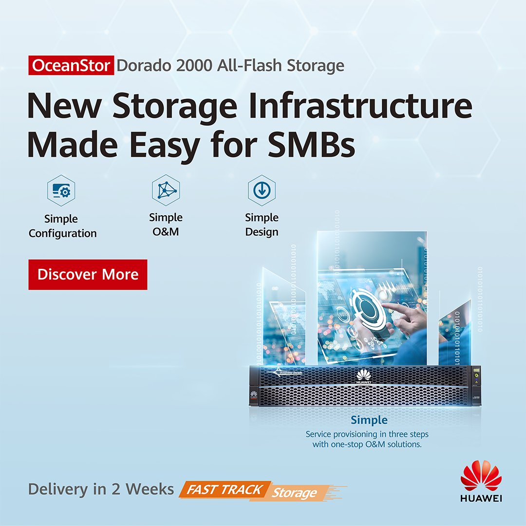 Huawei_ME's tweet photo. Simplify your storage with #OceanStorDorado 2000 #all-flash #storage. With an all-new GUI, configuration is completed in 3 easy steps with absolutely no need for any specialized knowledge. #FastTrackStorage https://t.co/evo2B3c4L9 https://t.co/CLsliAKmZ4