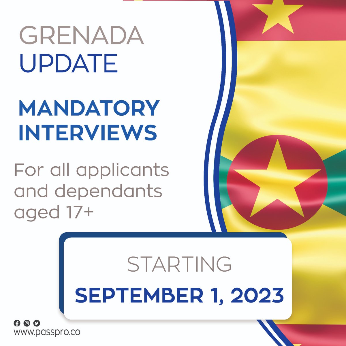 PassProNews's tweet photo. 🚨 Important Announcement 🚨 
Starting Sept 1, 2023, #Grenada enhances its #CitizenshipbyInvestment Programme with mandatory interviews for applicants &amp; dependents aged 17+. 

Contact #PassPro today for a free consultation. Links in Bio

#Invest Today, #Secure Tomorrow! https://t.co/WfUWFMgQ7W