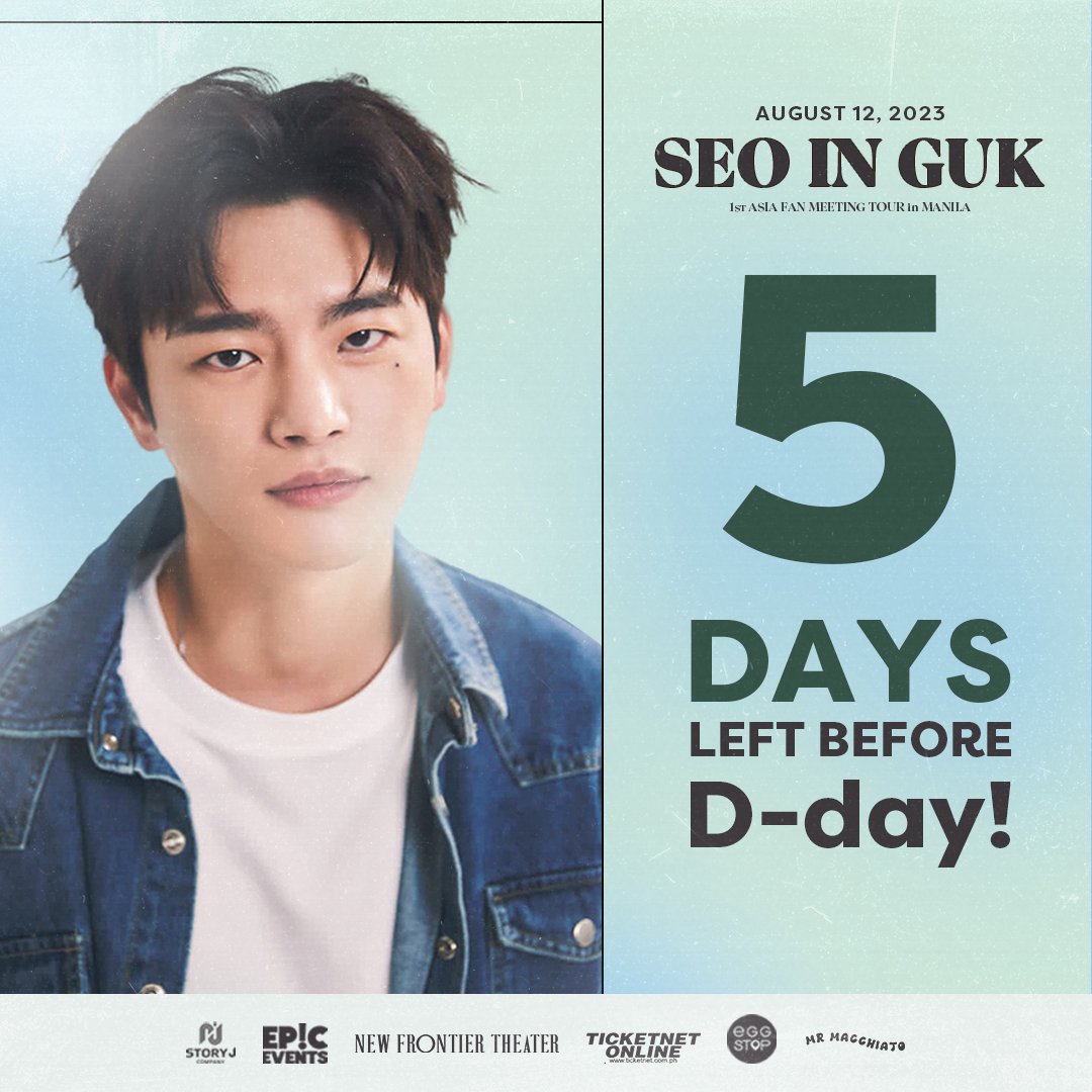 We are getting closer 5 days to go! And we will finally meet Seo In Guk. See you on August 12, 6PM at New Frontier Theater. 💕

Hurry as tickets are almost sold out!

📌 𝘽𝙪𝙮 𝙮𝙤𝙪𝙧 𝙩𝙞𝙘𝙠𝙚𝙩𝙨 𝙣𝙤𝙬 𝙖𝙩:
ticketnet.com.ph/events/detail/…

#SeoInGukinManila