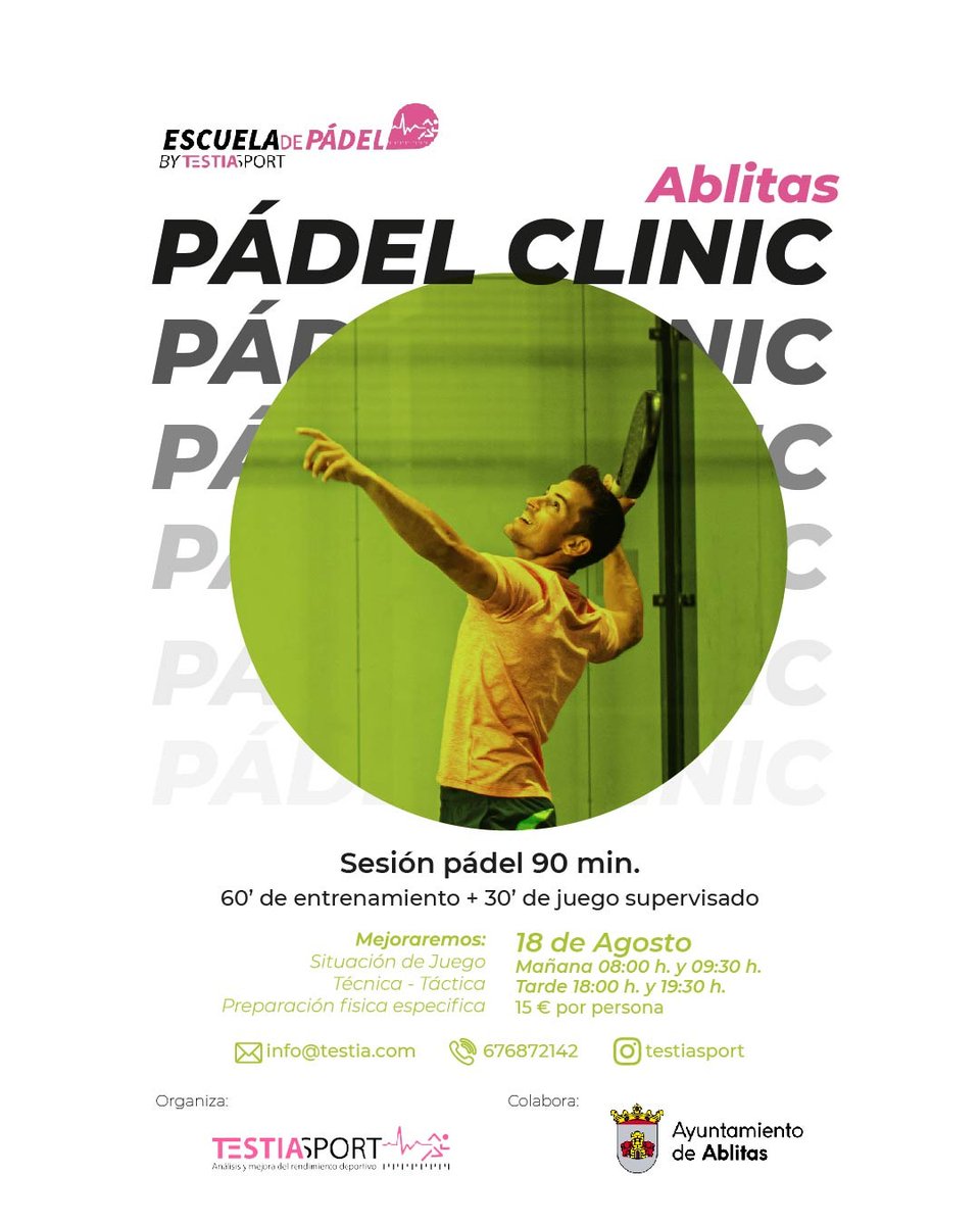 Clinic Padel TestiaSport Ablitas

Viernes 18 de Agosto
Horarios: 08h/09:30h y 18h/19:30h
Plazas Limitadas