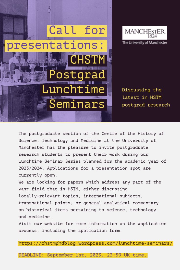 🎉We're happy to announce we've opened the #CfP for our Lunchtime Seminar series 2023/2024! Any #HSTM topic you as a postgrad researcher are currently working on goes. Info and application form: chstmphdblog.wordpress.com/lunchtime-semi… Deadline: September 1st, 2023.