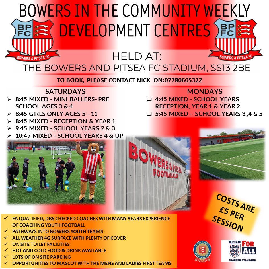 Our Monday night sessions resume this evening at the Bowers Stadium!
⚽️ For children going into Reception up to school year 5
⚽️ Best facilities in the area with plenty of cover
⚽️ Awesome coaches

To come over please contact the youth and community chairman Nick on: 07780 605322