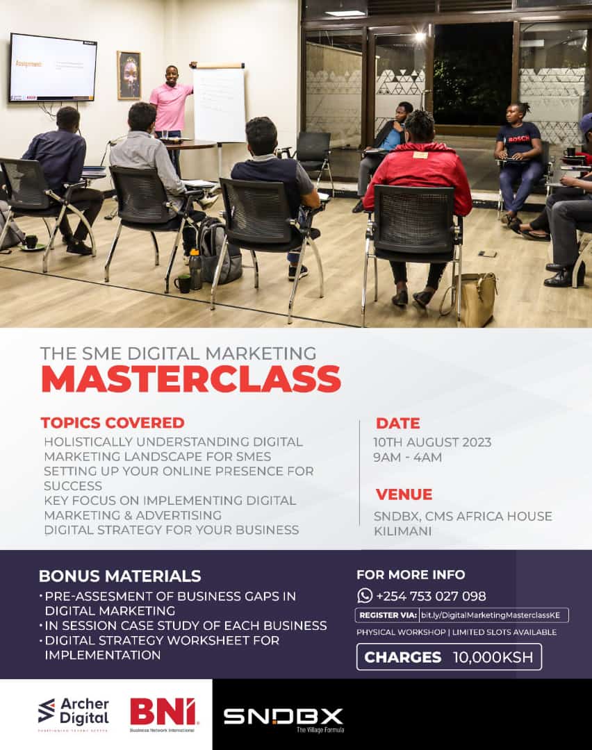 SNDBXKe's tweet photo. Is your business suffering from low customer engagements and sales?
SNDBX Digital Marketing Expert , Alex Mwai and his team at Archer Digital will host a digital marketing masterclass.
Sign up via: https://t.co/ch5h7zBUTD
#digitalmarketingmasterclass https://t.co/Cy1YtIqvuE