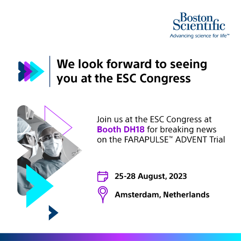 BSC_EU_Heart's tweet photo. Visit us at #ESCcongress in Amsterdam, where we'll showcase the new FARAPULSE ADVENT Trial. Don't miss our presence at Booth DH18, we look forward to welcoming you there! #ESC2023 
Learn More: https://t.co/0Em5WYsv4I