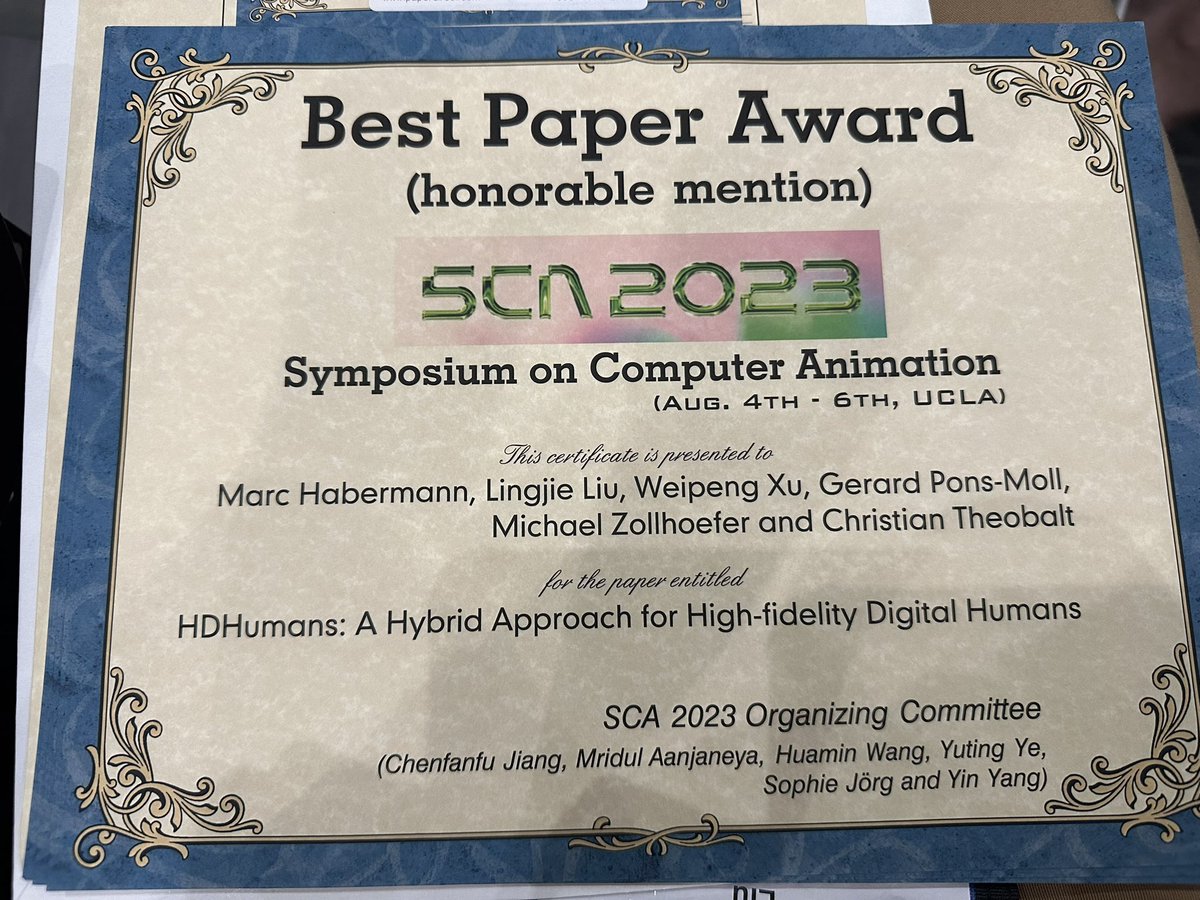 Lingjie Liu (@lingjieliu1) on Twitter photo HDHumans won the Best Paper Award (honorable mention) at SCA <a href="/SympCompAnim/">ACM / EG Symposium on Computer Animation</a>! Congratulations to <a href="/marc_habermann/">Marc Habermann</a> and our team! HDHumans won the Best Paper Award (honorable mention) at SCA <a href="/SympCompAnim/">ACM / EG Symposium on Computer Animation</a>! Congratulations to <a href="/marc_habermann/">Marc Habermann</a> and our team!