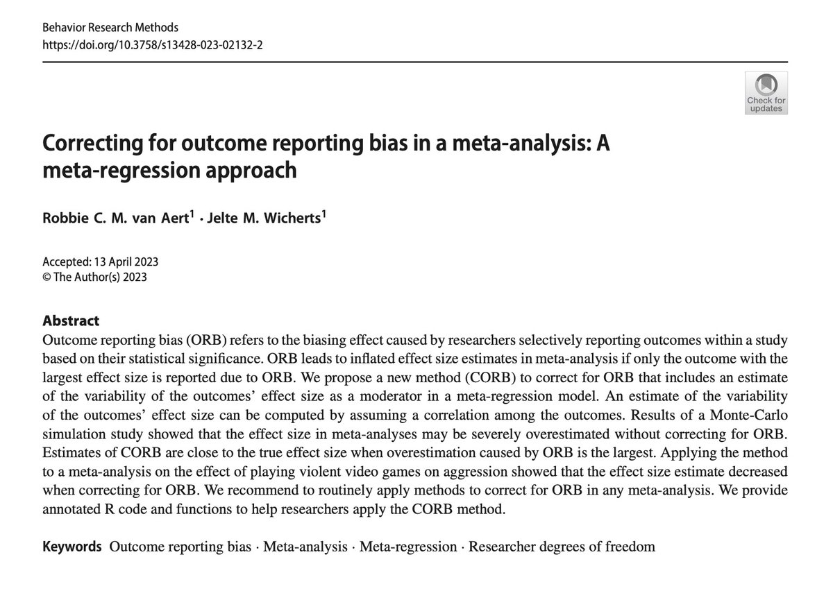 JelteWicherts's tweet image. Selective outcome reporting can be corrected in meta-analyses (subject to assumptions)
link.springer.com/article/10.375…