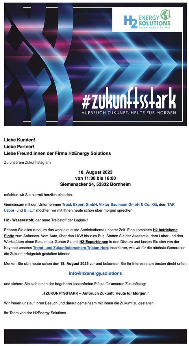 SAVE THE DATE: 18. August - ab 11 Uhr - Bornheim/NRW
#ZUKUNFTSSTARK – Aufbruch Zukunft. Heute für morgen

#Wasserstoff #Hydrogen #H2MOBILITY #MultitalentWasserstoff #FortschrittTanken #FuellingProgress