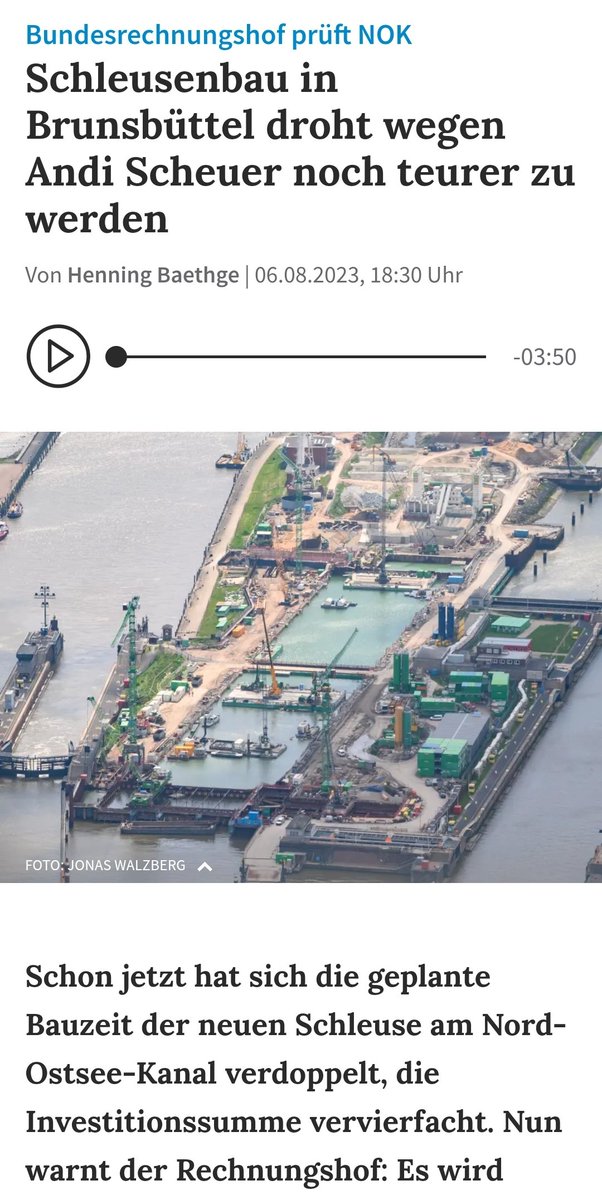 In Brunsbüttel wird 1 Schleuse gebaut werden, dabei gab es Probleme. Dann kam <a href="/andreasscheuer/">Andreas Scheuer</a> &amp; unterschrieb mit den Baufirmen einen 932-Mio-€-Zusatzvertrag - ohne zu prüfen, ob er das Projekt neu vergeben kann. Das war, so der BRH, ein Verstoß gegen Haushalts- &amp; Vergaberecht.