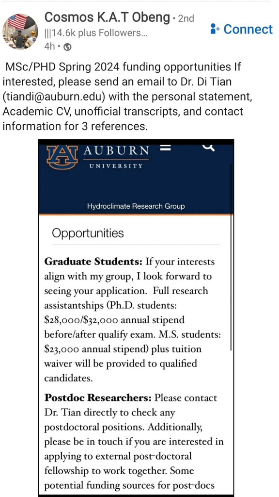 MSc/Ph.D. Spring 2024 funding opportunities is available at Auburn University. Check details below 👇 
#MSC #PhD #opportunities #AuburnUniversity