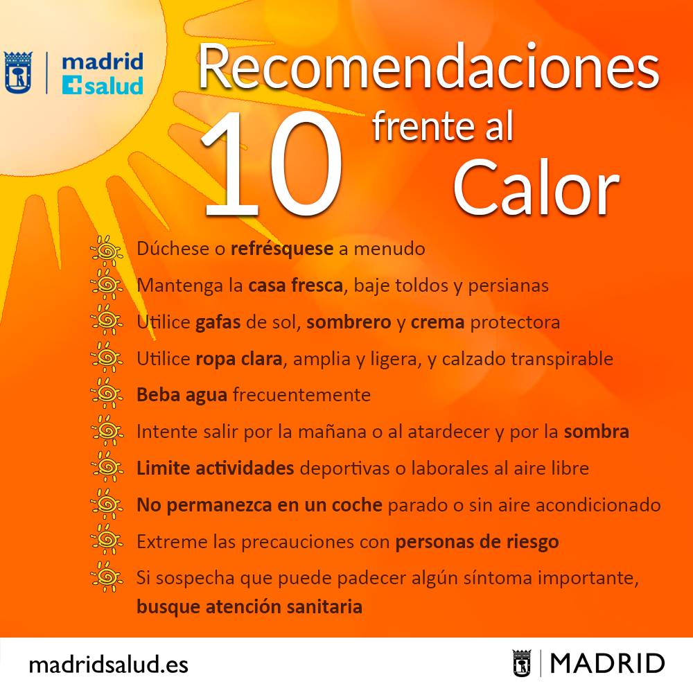 Esta semana se prevén temperaturas de 38, 39 e incluso por encima de cuarenta grados en #Madrid. 
Especial cuidado con las personas mayores y los peques.
Evita salir a la calle en las horas centrales, protégete del sol con una gorra o similar y bebe #agua con frecuencia.