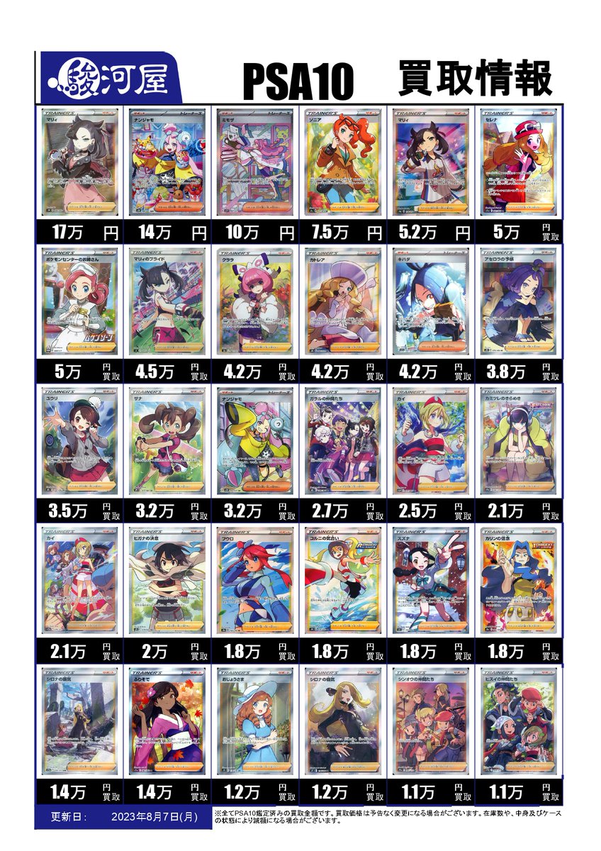 駿河屋ポケカ買取】 SS以降サポートのPSA10の買取表ﾆｬ！ 【PSA10