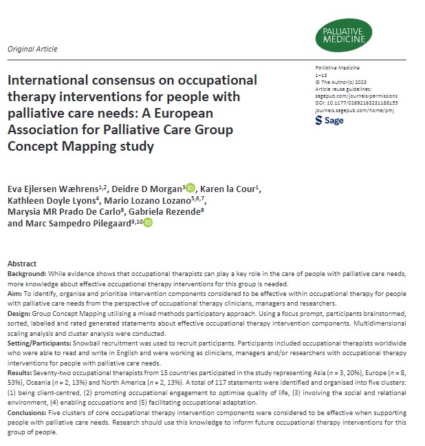 PalliativeMedJ's tweet photo. Five clusters: (1) being client-centred, (2) promoting occupational engagement to optimise quality of life, (3) involving the social and relational environment, (4) enabling occupations and (5) facilitating occupational adaptation. #hpm #hapc @eapcvzw https://t.co/GElUQm5MgR https://t.co/lwByK3CZHn