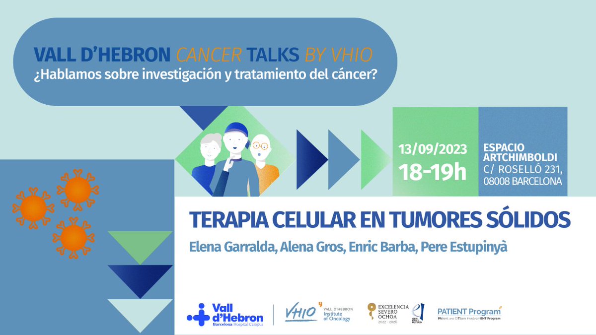 Vall d’Hebron Institute of Oncology (VHIO) (@vhio) on Twitter photo 📣 Inscríbete ahora al próximo #VHIOTalks‼️
🔹 Terapia celular en tumores sólidos
🗣 Con @ElenaGarralda, <a href="/alena_grosvidal/">Alena Gros</a>, <a href="/EnricBarba/">Enric Barba Ibáñez</a> y <a href="/Perestupinya/">Pere Estupinyà</a>.
🗓 13 de septiembre
⏰ 18 h
📍 <a href="/Artchimboldi/">Artchimboldi</a>
Inscríbete aquí 👉bit.ly/Terapiacelular…
#VHIOTalks 📣 Inscríbete ahora al próximo #VHIOTalks‼️
🔹 Terapia celular en tumores sólidos
🗣 Con @ElenaGarralda, <a href="/alena_grosvidal/">Alena Gros</a>, <a href="/EnricBarba/">Enric Barba Ibáñez</a> y <a href="/Perestupinya/">Pere Estupinyà</a>.
🗓 13 de septiembre
⏰ 18 h
📍 <a href="/Artchimboldi/">Artchimboldi</a>
Inscríbete aquí 👉bit.ly/Terapiacelular…
#VHIOTalks