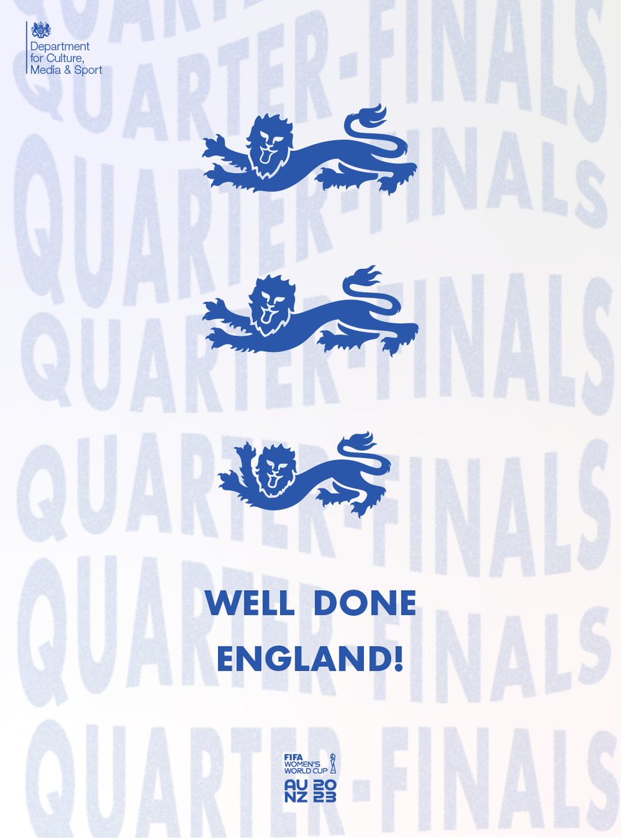 DCMS's tweet photo. The @Lionesses have qualified for the quarter-finals of the @FIFAWWC 🏴󠁧󠁢󠁥󠁮󠁧󠁿 

#FIFAWWC https://t.co/6dxHPyc4Pj