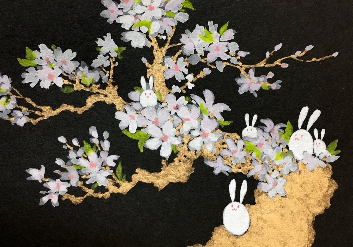 rabbit no humans black background flower traditional media simple background painting (medium)  illustration images