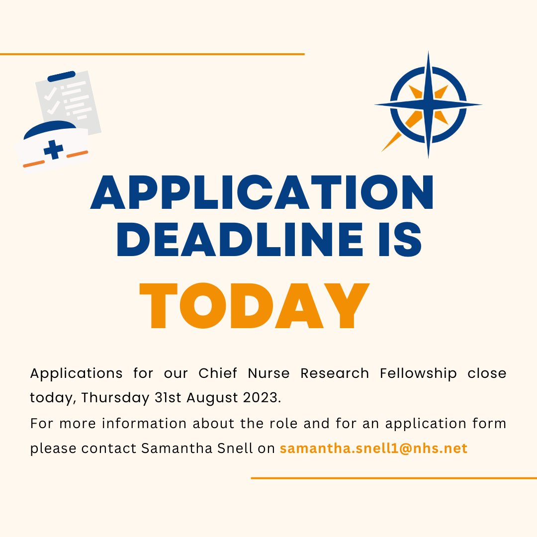📢Applications for our Chief Nurse Research Fellowship close today!
If you're a <a href="/UHP_NHS/">University Hospitals Plymouth NHS Trust</a> nurse/midwife/AHP who's thinking of applying, don't delay! 
Email samantha.snell1@nhs.net for an application form &amp; more info. 
<a href="/AnnJamesNHS/">Ann James 🌈</a> <a href="/hospitalradio/">HRP - Hospital Radio Plymouth</a> @Dallcorn @NIHRSW