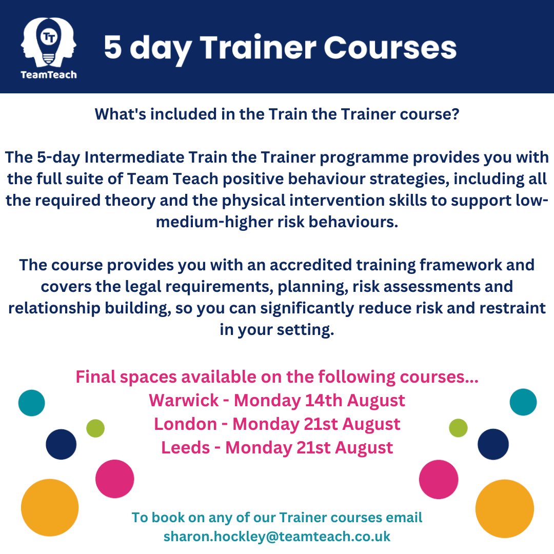 Sharon_Hockley's tweet image. Last minute places available for @TeamTeachLtd Intermediate Trainer courses.

#teamteach #trainer #positivebehaviour #behaviourmanagement #london #leeds #warwick #descaltion #education #healthandsocial