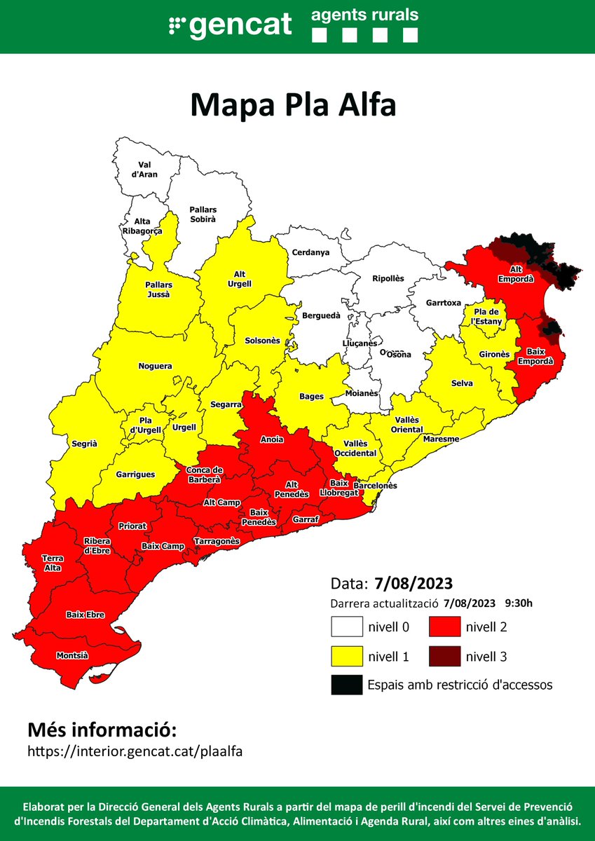 🔴Aquest és el mapa del #PlaAlfa per avui , dia 07/08/23

📍Consulta el mapa interactiu per conèixer quin nivell hi ha activat al teu municipi o a la teva comarca⤵️

📲 interior.gencat.cat/plaalfa