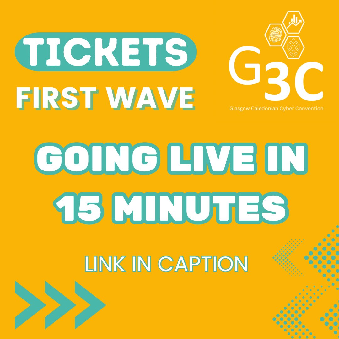 GCUHacking's tweet image. ‼️TICKETS GOING LIVE IN 15 MINUTES‼️

Tickets first wave for G3C will be live 5 minutes. Make sure to grab them on time at eventbrite.co.uk/e/glasgow-cale…

#g3c #ehs #cybersecurity #cyberconvention #gcu #glasgowcaledonian #ethicalhacking #networking #cyberconference