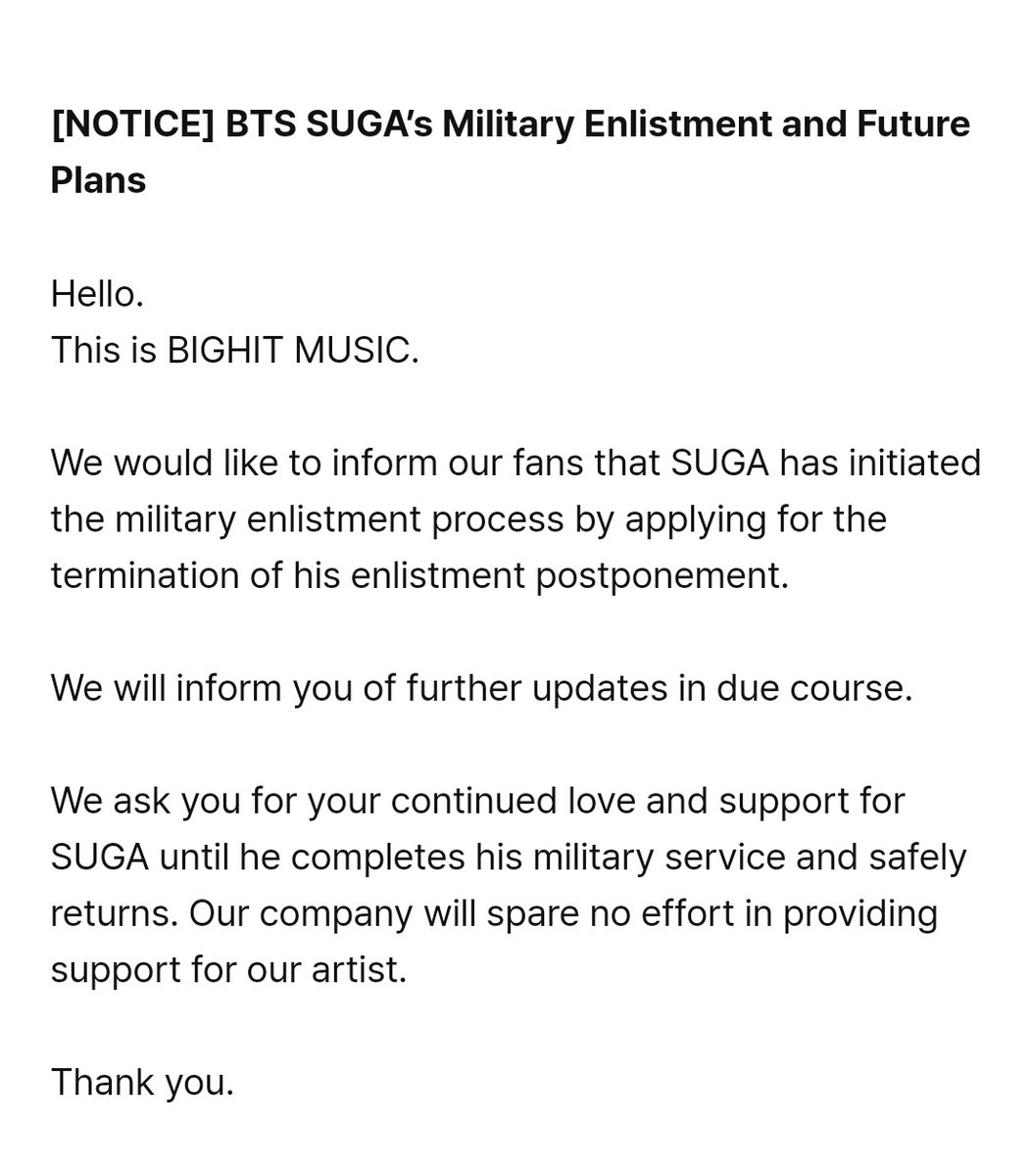 sugadboy's tweet photo. — ENLISTAMIENTO MILITAR DE #SUGA Y SUS FUTUROS PLANES.

"Nos gustaría informarle a nuestros fans que SUGA inició el proceso de alistamiento al servicio militar, solicitando la terminación de su aplazamiento al mismo. 

A su debido tiempo les iremos actualizando la información.

+ https://t.co/pdaFiLtY9J