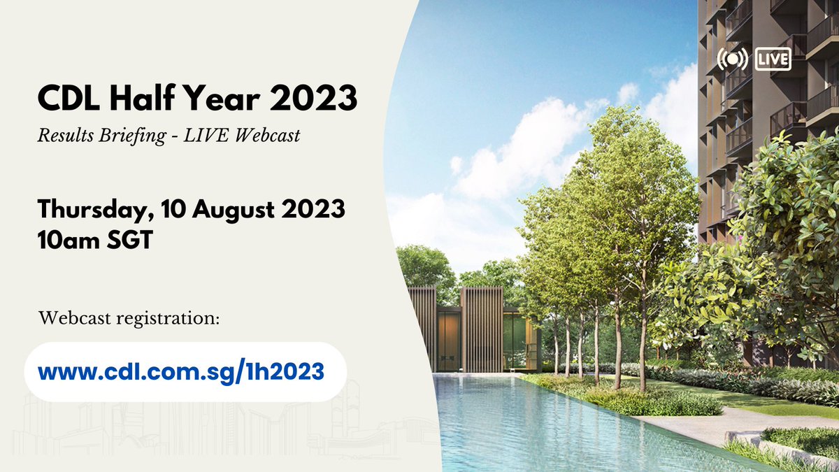 We will be releasing our unaudited financial results for the first half of 2023 on Thursday, 10 August, before trading. Join us for a live webcast at 10am on the same day, by registering here: cdl.com.sg/1h2023 #CityDevelopments #1h2023