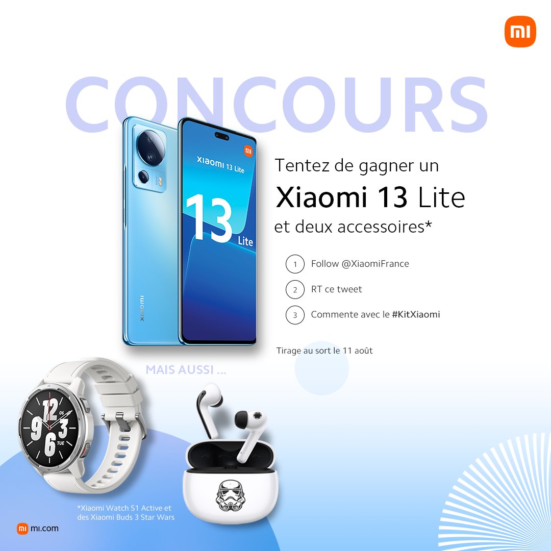 XiaomiFrance's tweet photo. 🎉 #CONCOURS 
🏖️ Gagnez dès maintenant le kit #Xiaomi composé du #Xiaomi13Lite, de la #XiaomiWatchS1Active et des #XiaomiBuds3StarWars 
🧡 Suivez @XiaomiFrance 
🔁 Retweetez ce tweet 
✍️ Commentez en quoi vos vacances vont être boostées avec le #KitXiaomi
T.A.S le 11/08/2023 https://t.co/G8m1SYI0fN
