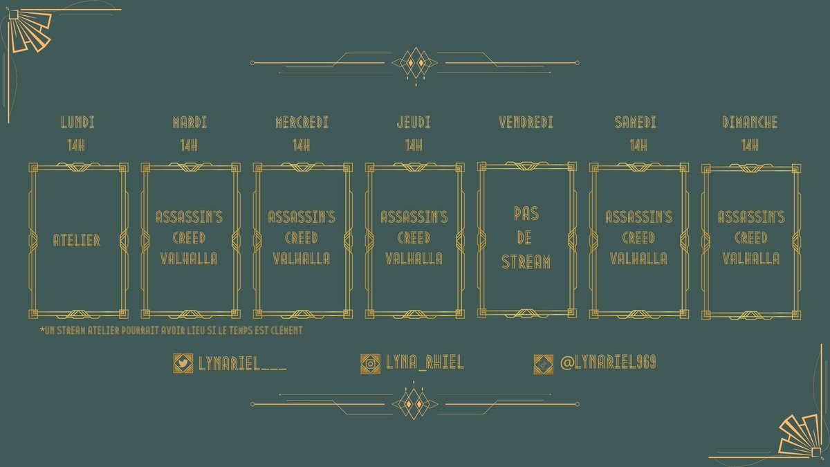 Lynariel___'s tweet photo. Bonjour ! Voici le planning de la semaine ! Avec un jour bonus ! On commence cet AM avec un petit live Atelier !!! Beaucoup de peinture en perspective. Et ensuite   le reste de la semaine on révise le lore d #AssasinsCreedValhalla (Et en bonus une activité mystère) https://t.co/KtjMqg89lA