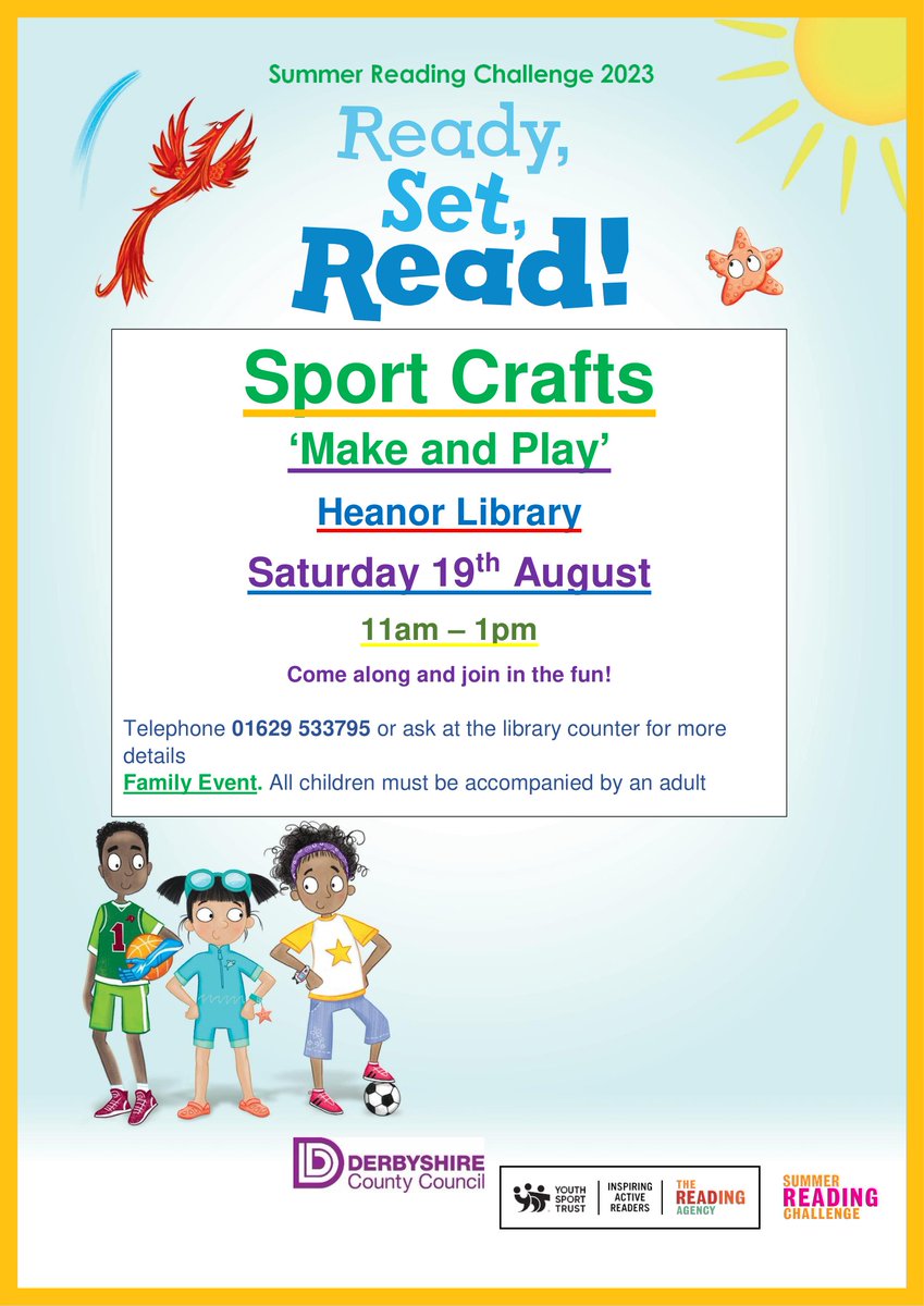 DerbyshireLibs's tweet photo. Make and Play sporty crafts at Heanor Library as part of this year's Summer Reading Challenge. Drop into the Library from 11 am on Saturday, 19th August, to enjoy the fun. Call 01629 533795 for further info. #SummerReadingChallenge #LibraryFun #HeanorLibrary https://t.co/MHe83a10sC