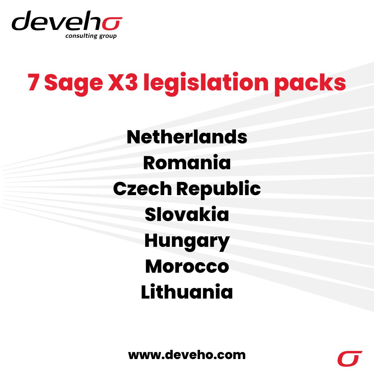 Deveho - Sage X3 Localisations, to adapt your offer to the local market.  
As a Sage Development Partner, Deveho helps you to expand globally with confidence using DEVEHO Sage X3 legislation packs! 
Focus on building your business locally to see faster your growth!  
#sagex3