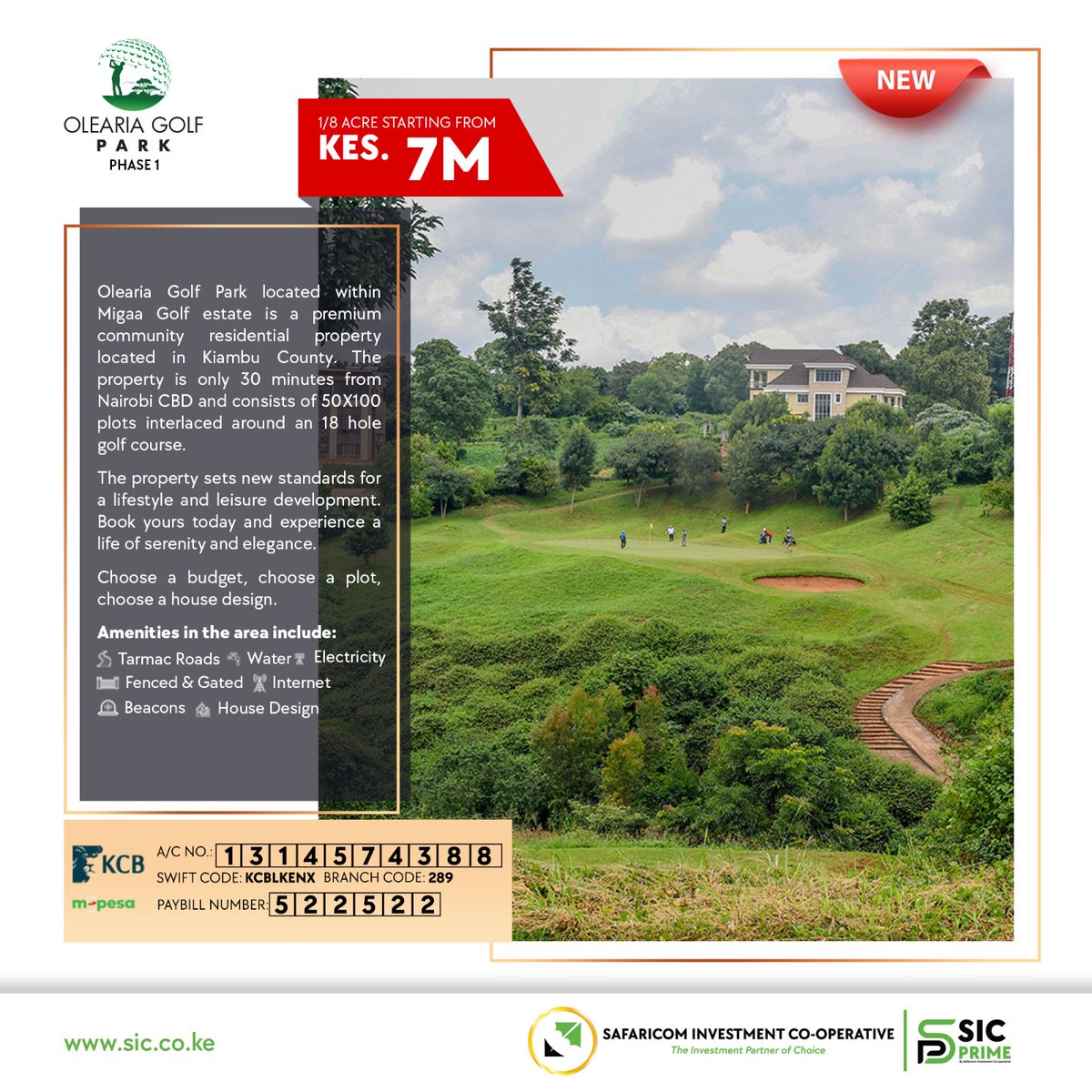 sicinvestment's tweet photo. We bring you the incredible Olearia Golf Park. It is located within Migaa Golf estate & is a premium community residential property in Kiambu County - 30 minutes from Nairobi CBD.
Contact us on 0729 121 212 or info@sic.co.ke
#SICPrime #Migaa #OleariaGolfPark #WekezaWezesha https://t.co/sxAZH25BZg