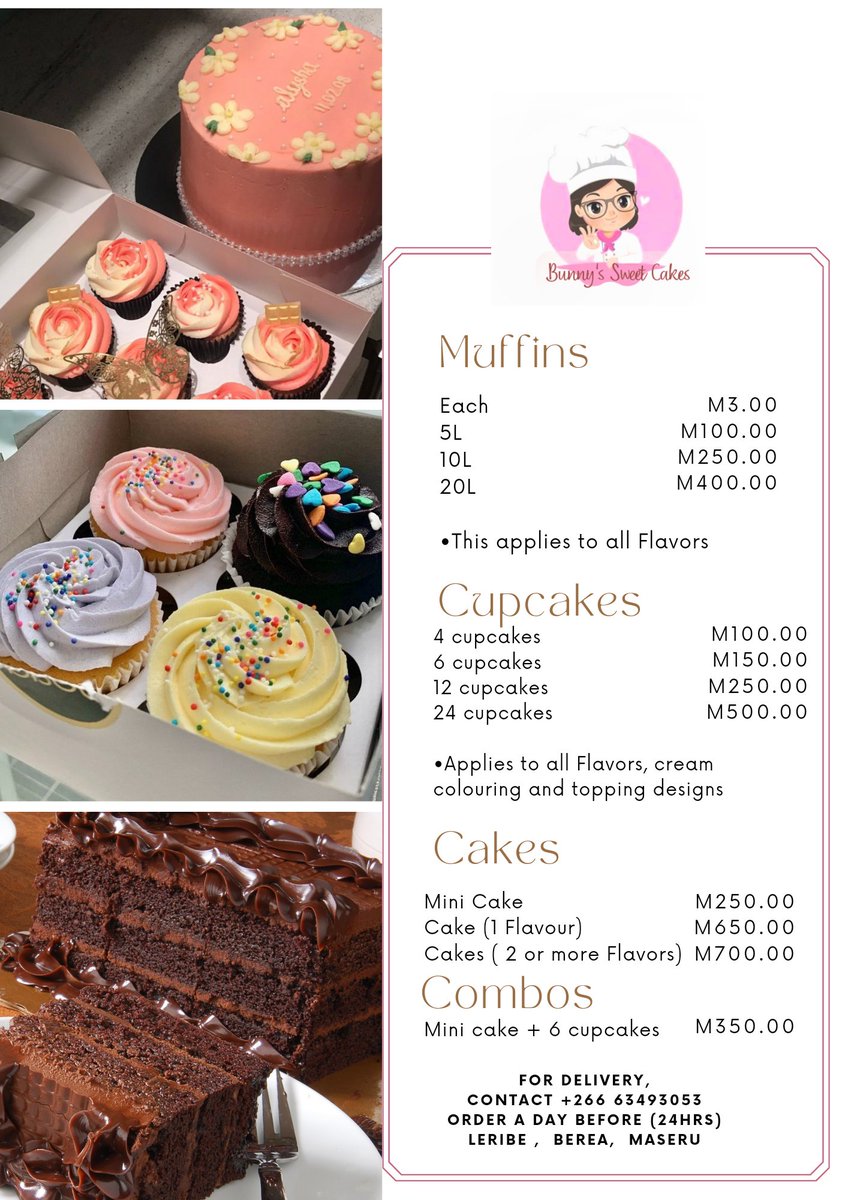 tBunny_Ls's tweet photo. Cakes, minicakes,cupcakes, scones,biscuits
Delivery everywhere in Lesotho
63493053
#lstwitter
#lesothotwitter https://t.co/fAv26fsT1R