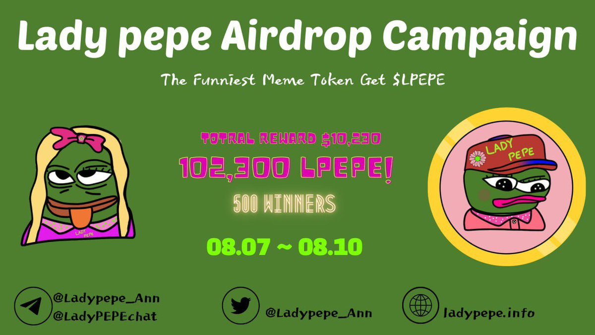Airdrop6_com's tweet photo. New #airdrop: LadyPepe
Reward: 150 LPepe (~$15)
News: Collectibles 
Distribution date: August 12th

🔗Airdrop Link: https://t.co/f5NfdNKltj https://t.co/UIOpD4aB6f