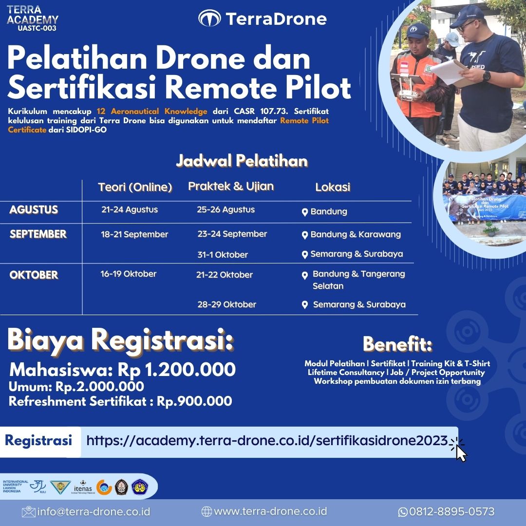Pendaftaran Pelatihan Drone dan Sertifikasi Remote Pilot Batch Agustus - Oktober Sudah Dibuka!🎉

Ikuti pelatihan ini dan Anda akan mendapatkan ilmu serta mempelajari kurikulum yang mencakup 12 Aeronautical Knowledge dari CASR 107.73.

Di pelatihan ini pula Anda akan diajarkan
